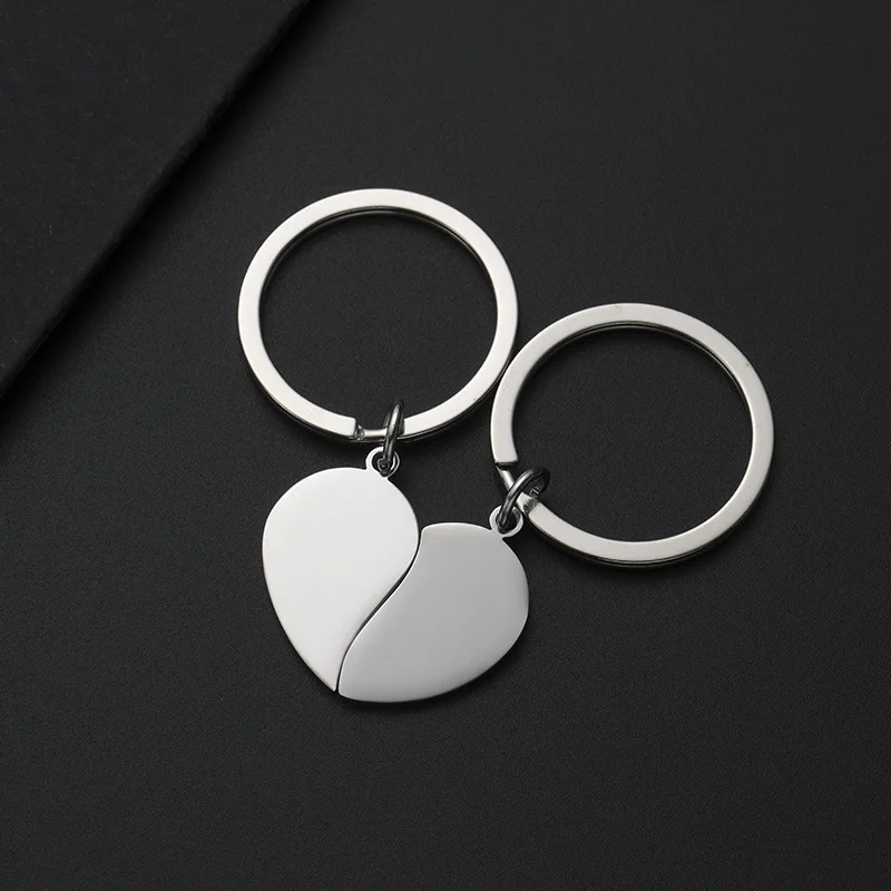 2PC Set Personalize Name Couple Heart Matched Metal Keychain Laser Custom Logo Keyring Stainless Steel Lover Key Chain Ring Gift