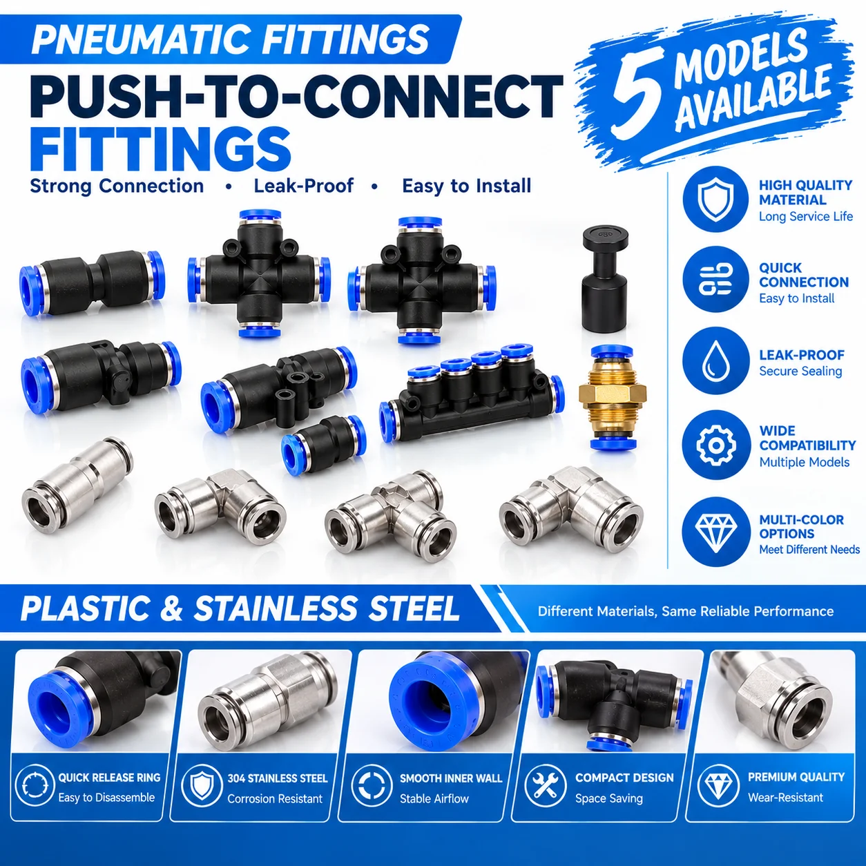 10PCS Pneumatic Push In Fittings 4 6 8 10 12mm Air Hose Tube Quick Connectors PE PU PV PY PM PZA PK PP Plastic Stainless Steel