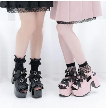Zapatos de plataforma de fondo grueso con lazo de diamantes de imitación dulces japoneses, sandalias de Lolita de estilo Preppy, zapatos de cuero Kawaii