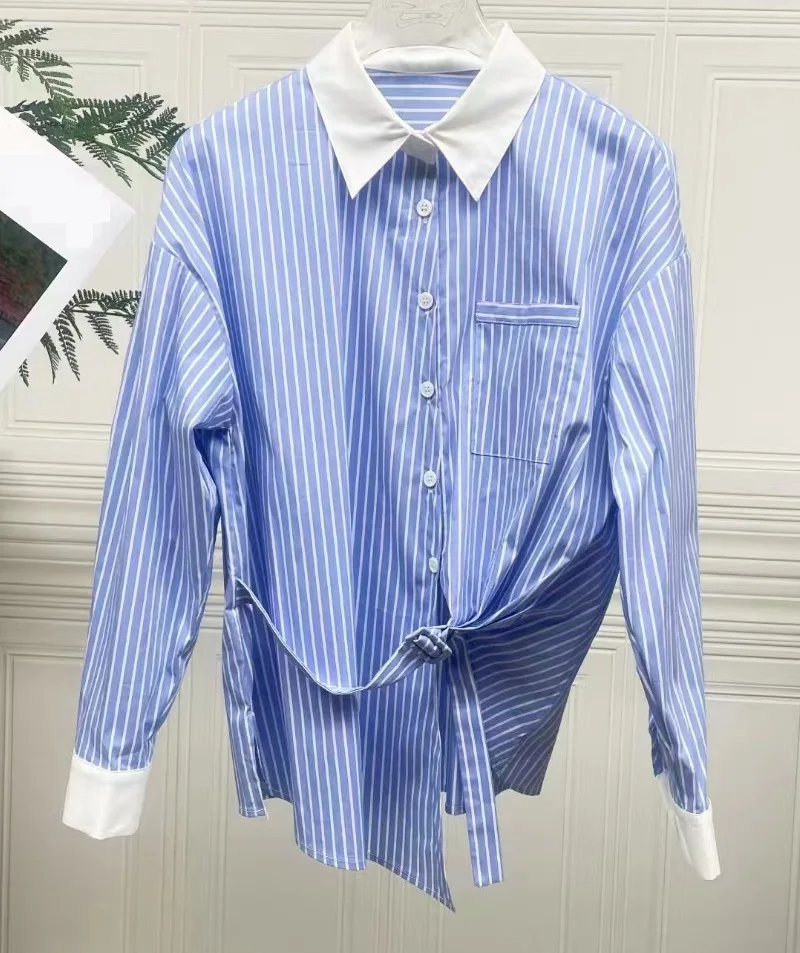 High Quality Brand New Shirts 2024 Spring Pink Blue Shirts Ladies Turn-down Collar Striped Print Belted Long Sleeve Cotton Shirt