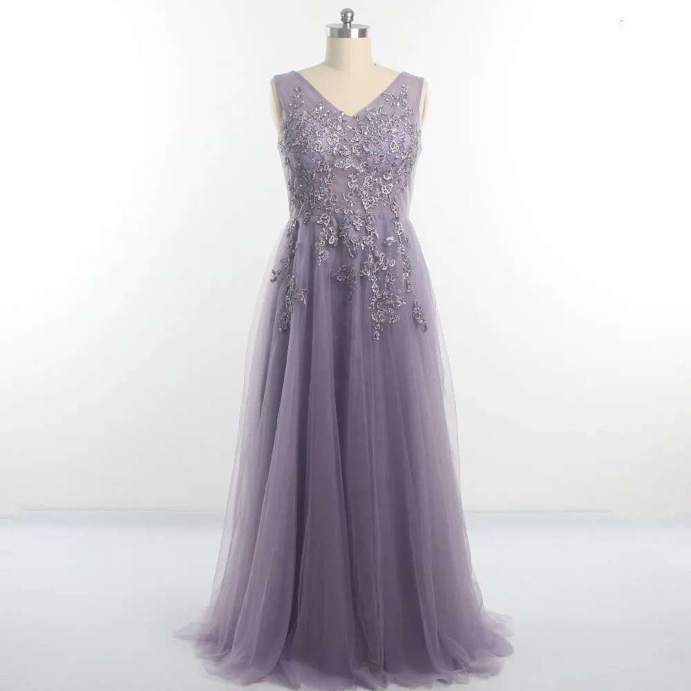 

Evening Dresses Purple V-neck Lace Beading Appliques Sleeveless Tulle A-line Floor Length Women 2022 Formal Party Dress B172