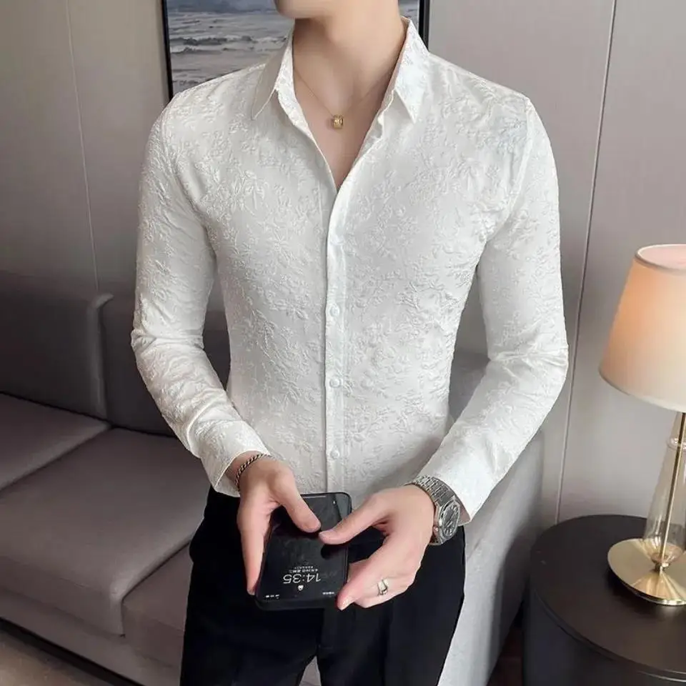 Men's Winter Fleece Lined Stretchable Long Sleeve White Shirt Korean Style Fashion Casual Top for Daily Wear