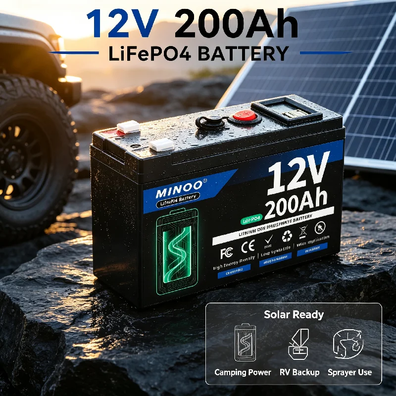 12V 200Ah LiFePO4 Battery Deep Cycle Rechargeable Built-in BMS Lithium 200Ah for Power Wheels Scooters Fish Finder Free Charger