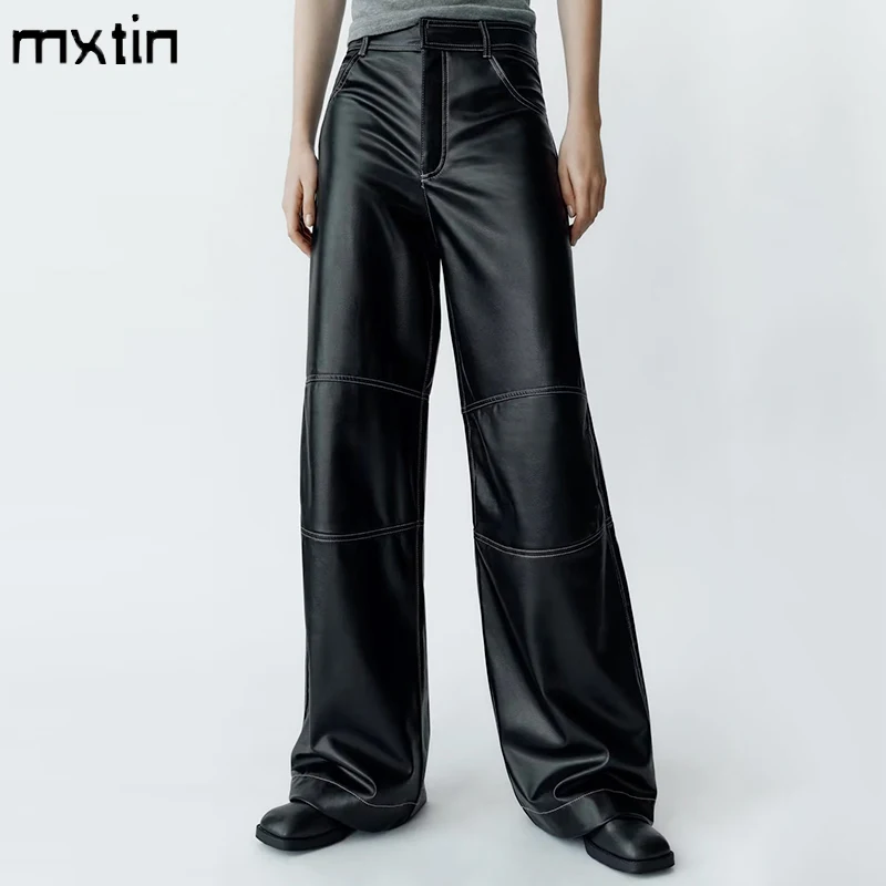 2023 Women\'s Autumn Black Faux Leather Wide Leg Fleece Pants Vintage Winter High Waist Office Lady PU Female Trousers Mujer