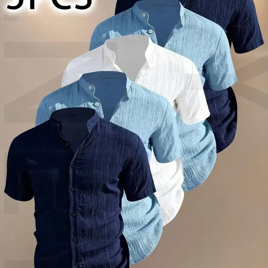 

5pcs Mens Summer Short Sleeve Button-Up Shirt With Stand Collar Casual Lightweight Breathable Solid Color