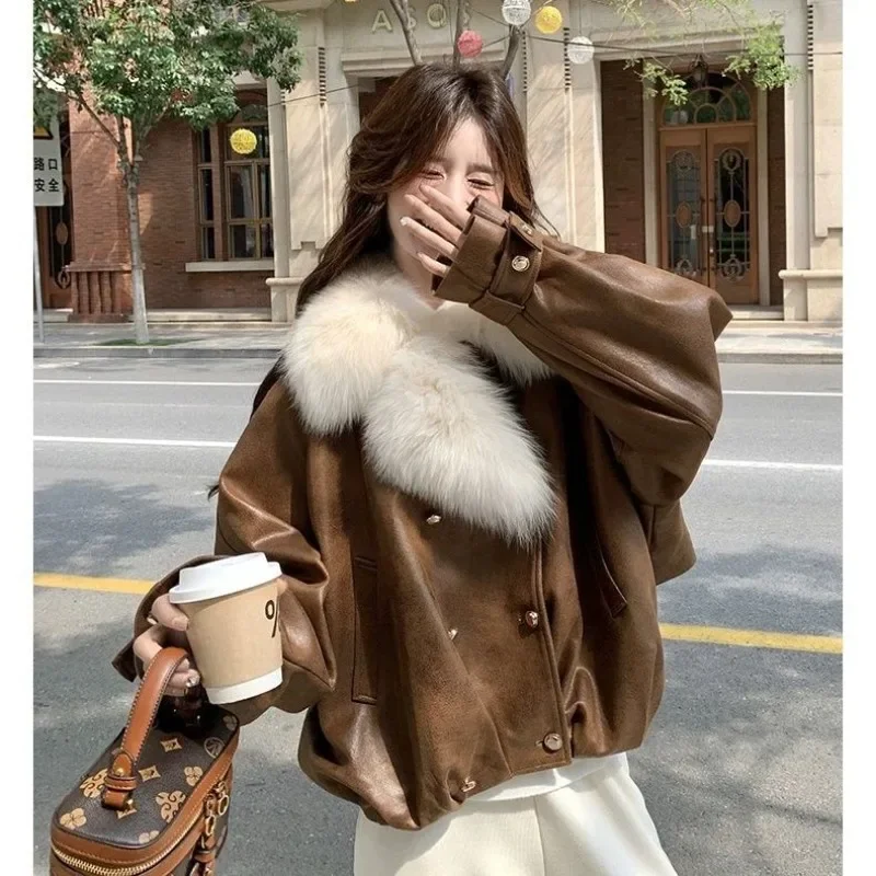 Women's Winter New Maillard High-end Casual Thick Coat Loose  Beautiful Caramel Color Big Fur Collar Fur Integrated Down Jacket