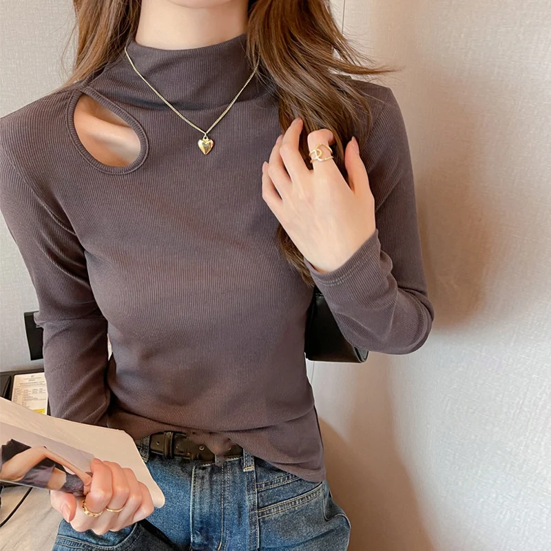 Pullover lavorati a maglia scavati sexy Primavera Autunno Donna Pullover a collo mezzo alto per donna T-shirt slim a maniche lunghe da donna
