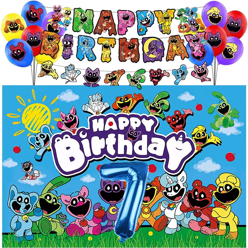 Smiling Critters Birthday Party Decoration Foil Latex Balloon Kids Event Supplies Disposable Tableware Catnap Banner Backdrop