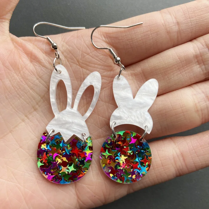 Fashion Sequin Asymmetrical Bunny Easter Earrings For Women Cute Cartoon Rabbit Butt Goblin Acrylic Drop Earrings