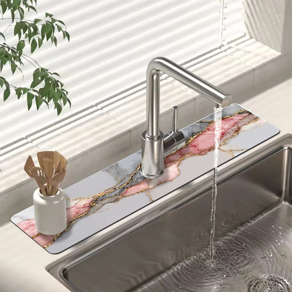 VIKAMA Pink-Gray Marble-Patterned Kitchen Dish Rack Draining Mat Faucet Drain Pad Easy-To-Clean Bathroom Sink Countertop Protect