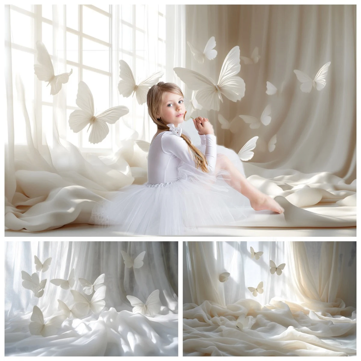 Window Sunshine White Curtains Butterfly Wedding Backdrop for Photography Kids Adults Maternity Dresses Photoshoot Background