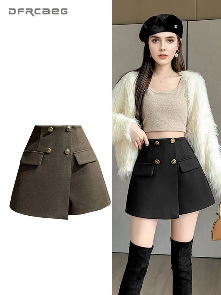 Корейский стиль, зимние утепленные шерстяные юбки на пуговицах, шорты для женщин, повседневная верхняя одежда с высокой талией, широкие короткие ботинки, женские брюки