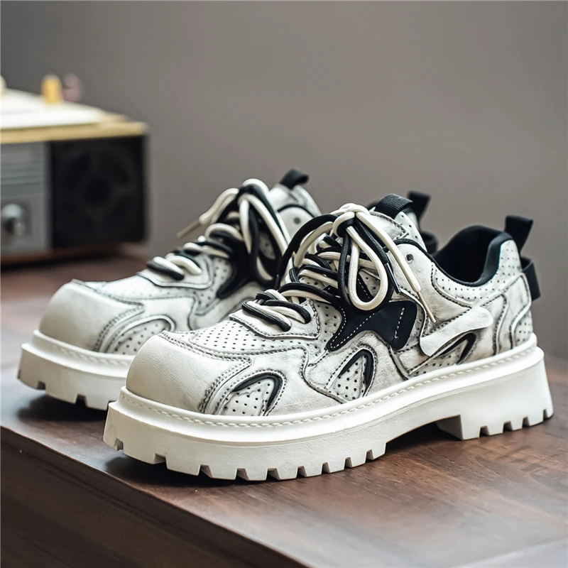 Men Vintage Distressed Dad Shoes Platform Height Increasing Sneakers Double Laces Streetwear Non Slip Casual Walking Skate Shoes