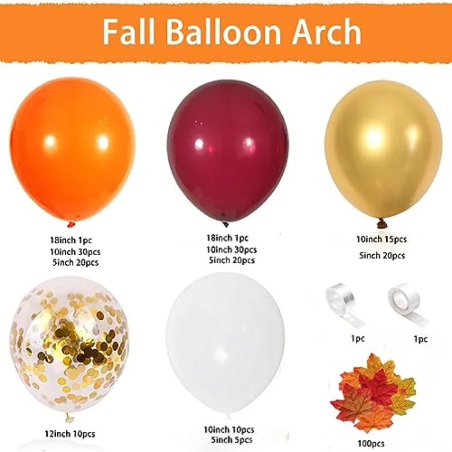 Herbstballons, Girlandenbogen-Set, Orange, Gold, Burgunderrot, Weiß, Konfetti-Luftballons mit künstlichen Ahornblättern, Girlande für Thanksgivi