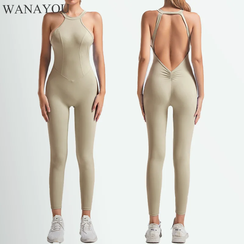 

WANAYOU Backless Women Yoga Jumpsuit Slim Fit Sports Legging Tracksuit Padded Gym Fitness Pants Set Workout Running Bodysuit