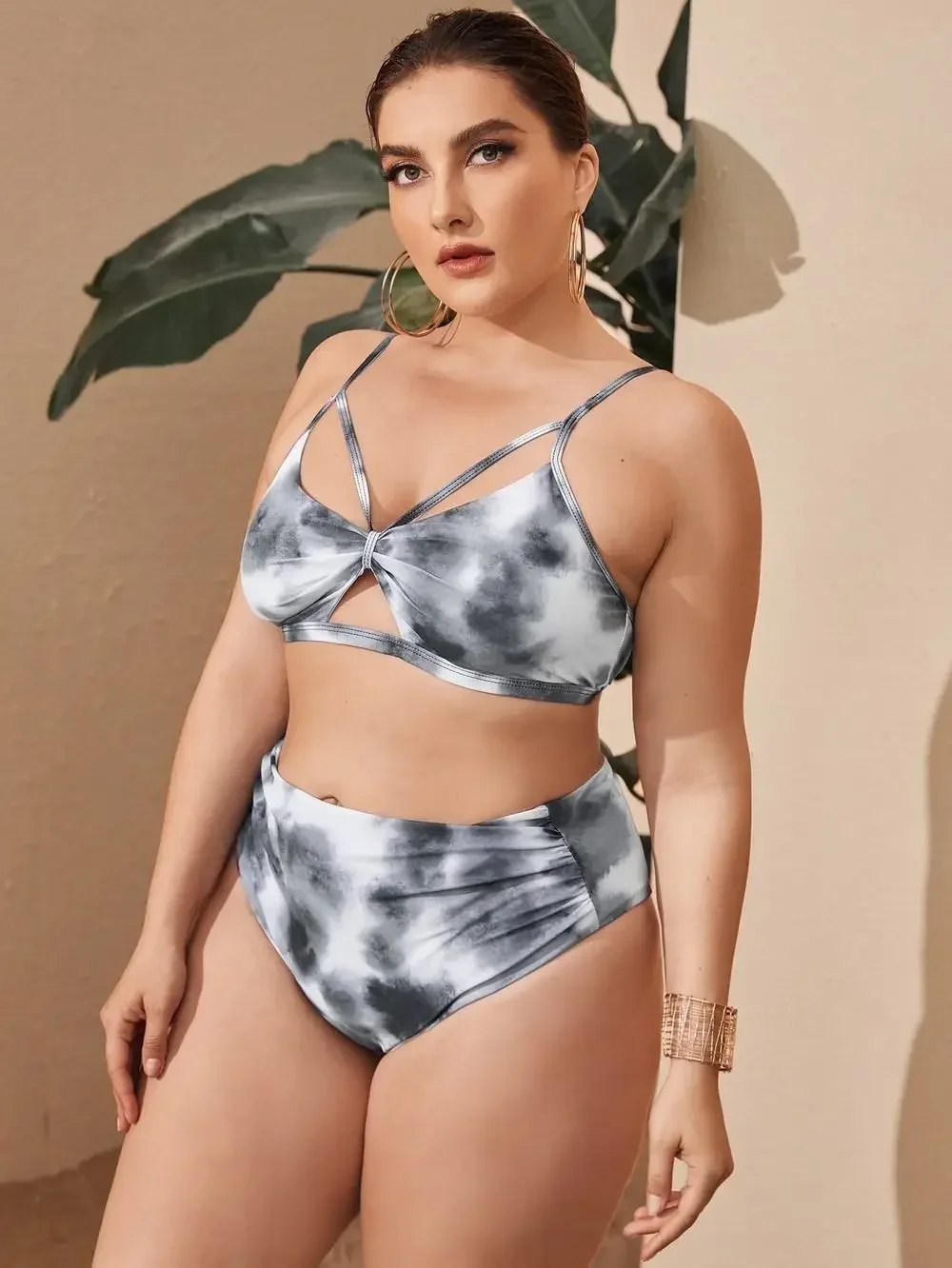 

2025 Print 2 Piece Plus Size Bikini Women Strapped Hollow Large Swimsuit High Waist Lady Swimwear Chubby Curvy Bathing Suit