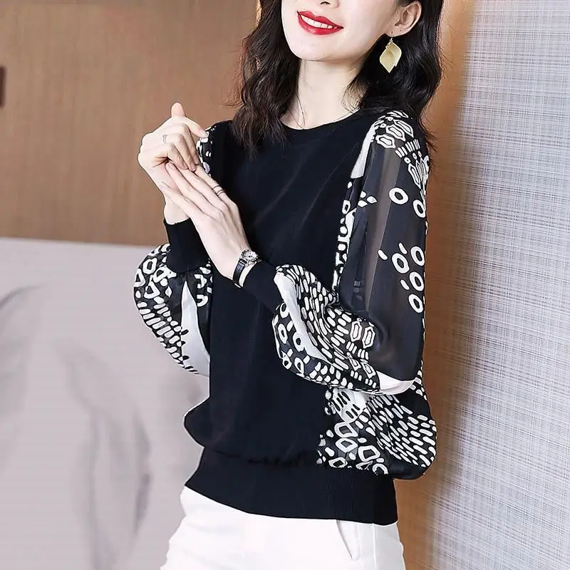 

Spring Autumn Fashion Casual Printed Spliced Round Neck T-shirt Women's Clothing All-match Loose Long Sleeve Tops for Female