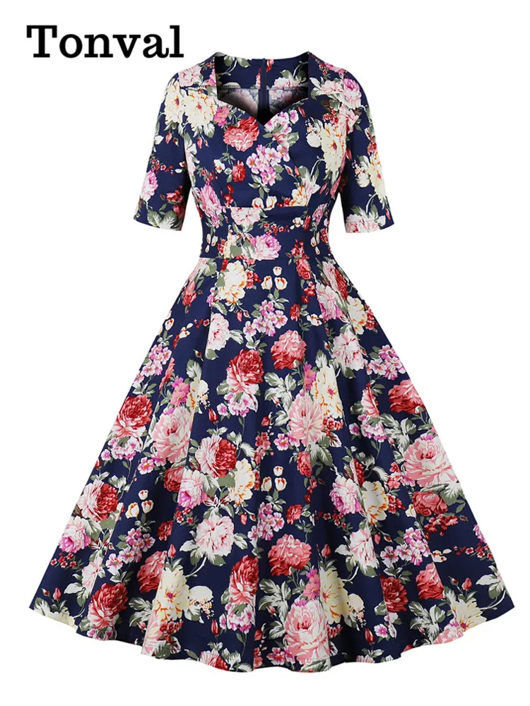 Tonval Multicolor Floral Vintage Dress Half Sleeve 50s Pinup Robe Women High Waist Cotton Elegant Luxury Retro Dresses