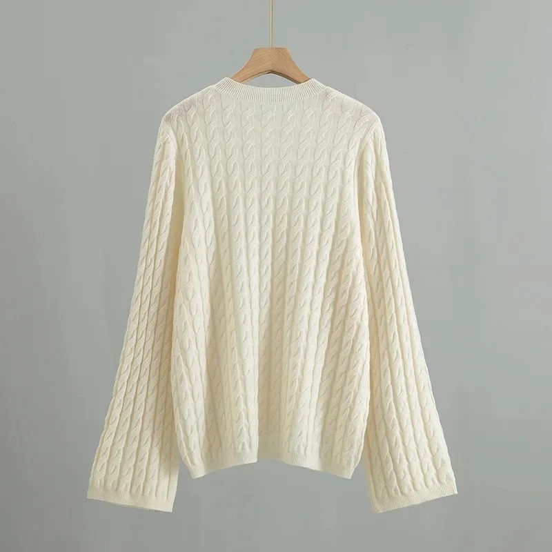 New Minimalist Fashion Round Neck Pullover Classic Cable Flower Solid Color Loose Profile Knitted Cashmere Sweater