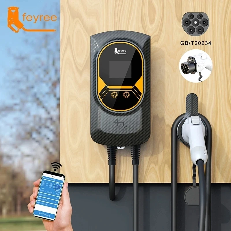 Feyree-cargador EV GB/T, enchufe EVSE Wallbox 32A, 22KW, trifásico, 16A, 11KW, estación de carga de Control por aplicación para vehículo eléctrico, Cable de 7,6 kW y 5m