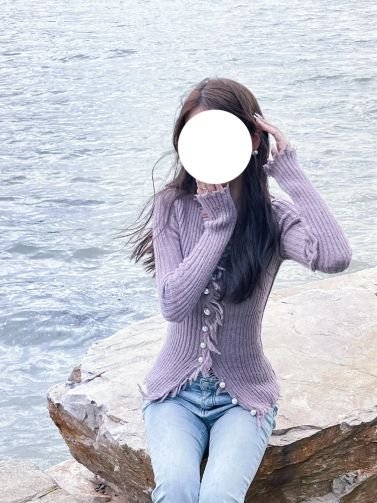 

Purple Knitted Long Sve V-Ne Women's Sweater Slim Fit Design Pearl Button Cardigan Sle Autumn Top Faion Commute