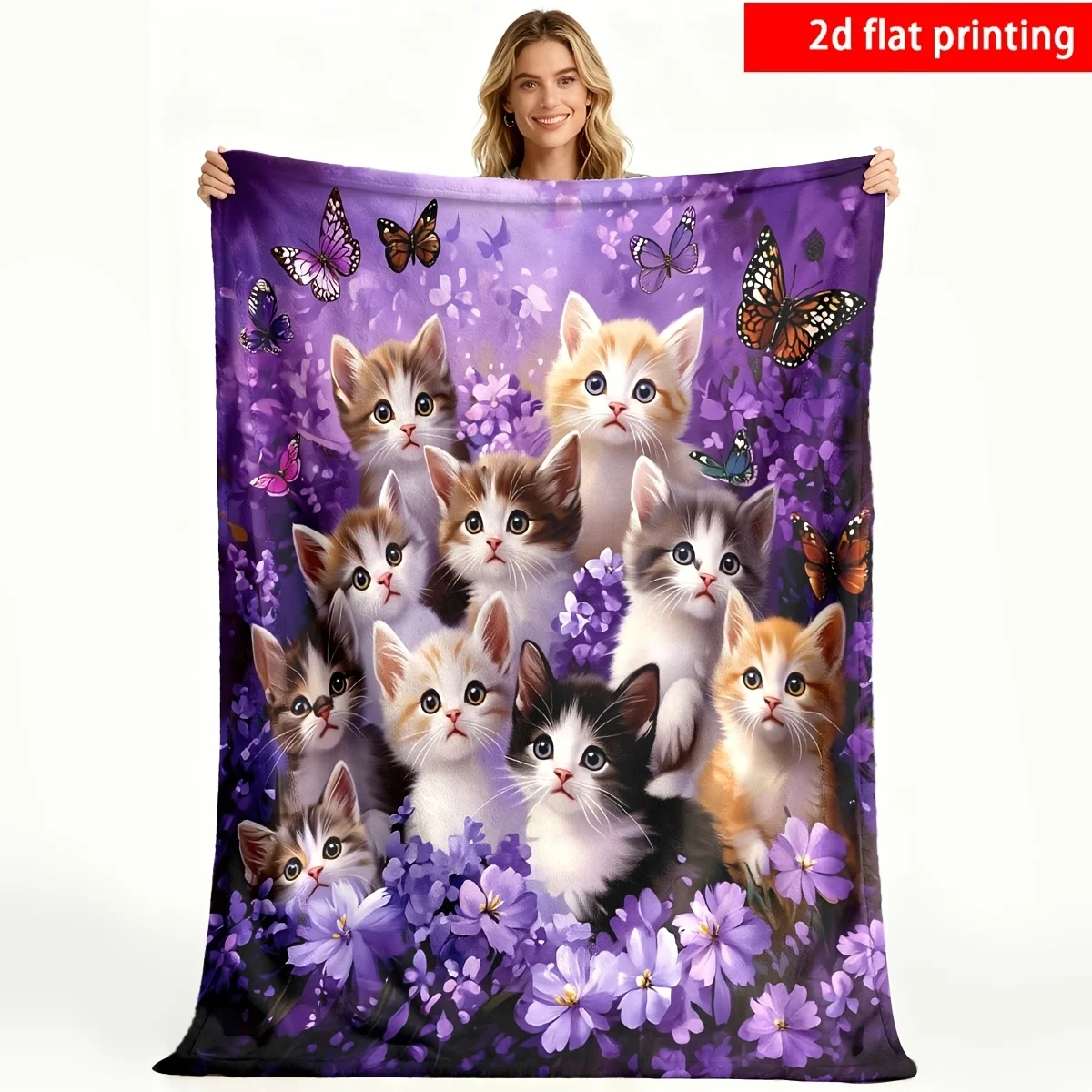 Premium Flannel Knit Throw Blanket for Couch Bed Decor Cute Kitten Floral Print Purple Lilac Fleece Throw Winter Gift Idea for C
