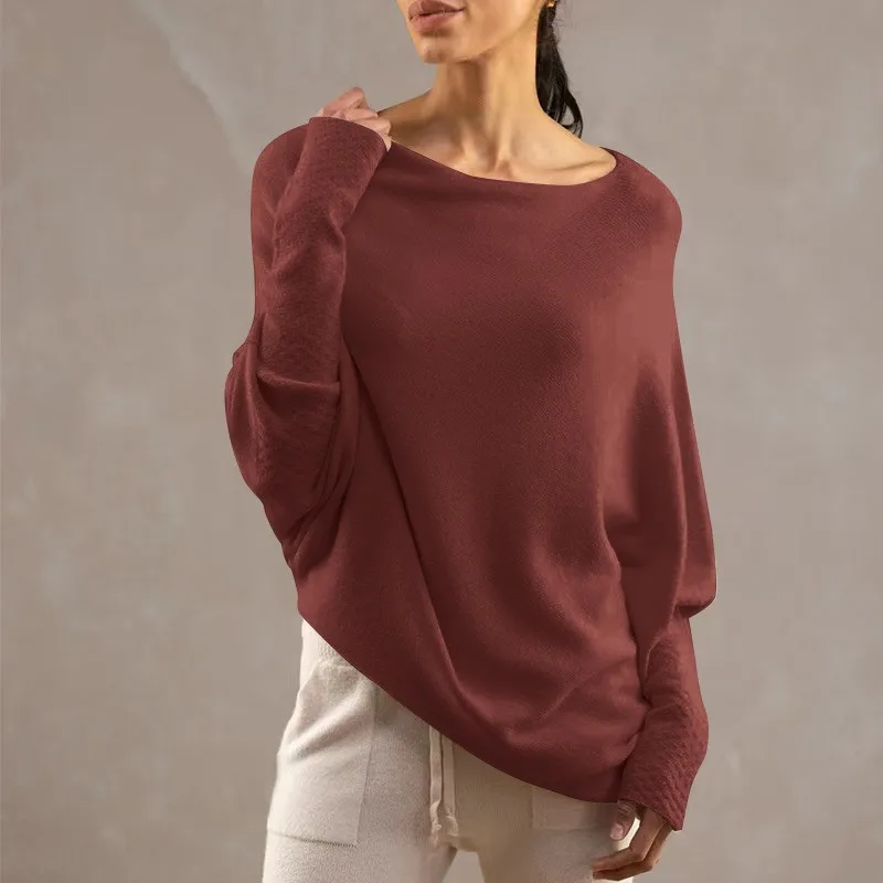 Plus Size Women Solid Color Off Shoulder Pullover Knit Loose Batwing Sleeve Sweater Tunic Tops