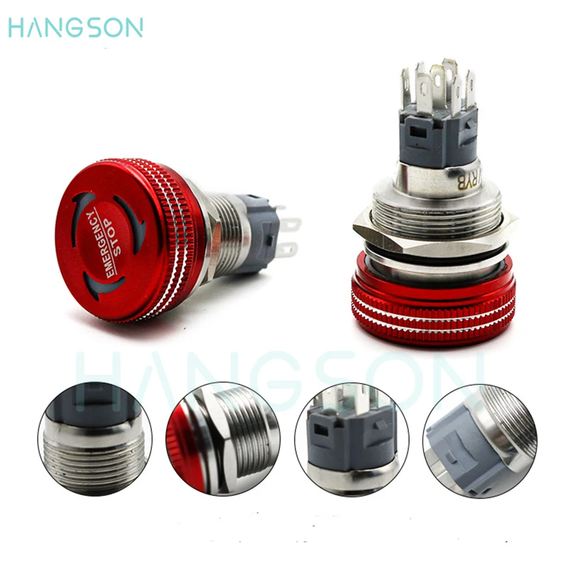 LED Emergency Stop Button Switch 16mm Momentary Metal Waterproof Red 19mm 22mm 1NO1NC Anti-slip Emergency Stop Switch with light