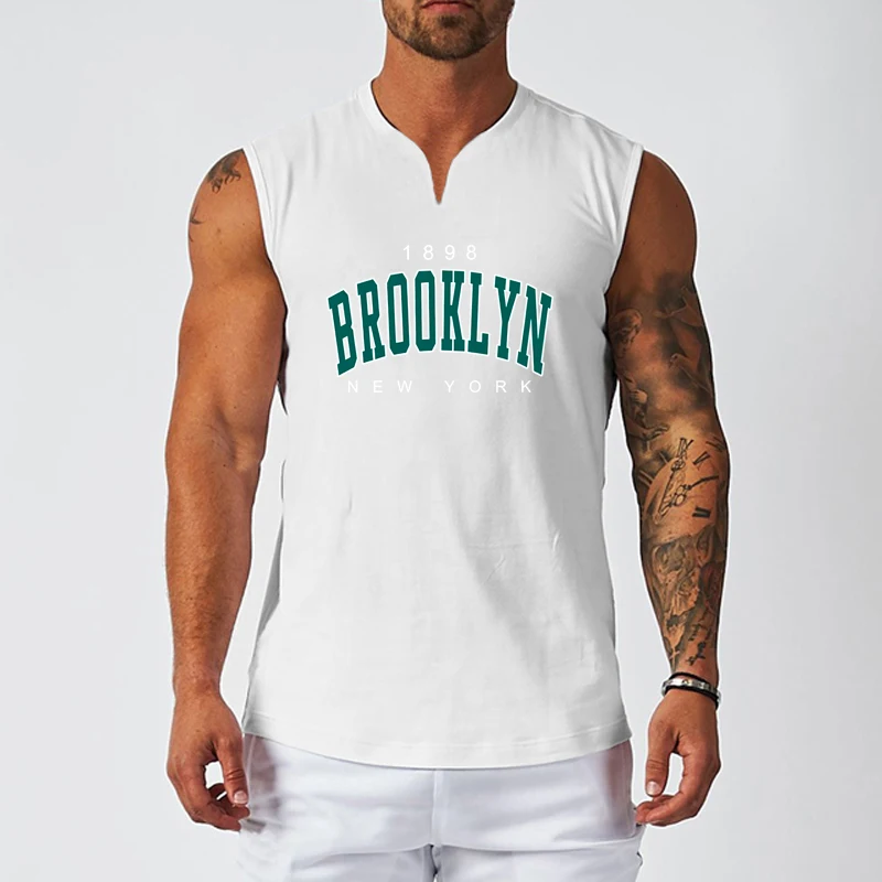 1898 Brooklyn New York Printed Gym Fitness Vests Cotton Breathable V-Neck Sleeveless Shirt Mens Bodybuilding Workout Tank Tops