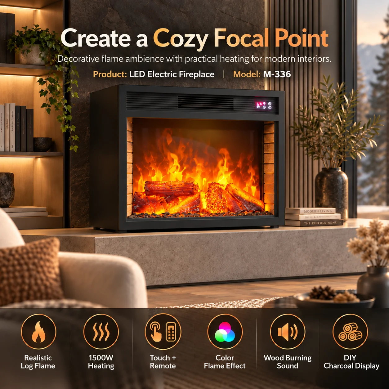 Black Electric Fireplace Heater Freestanding Indoor Fireplace with LED Flame Effect Remote Control Silent Synchronous Motor