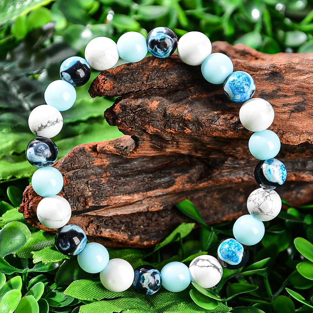 1PC natural stone healing bracelet made of blue fire agate and white turquoise beads, which can bring prosperity and abundance.