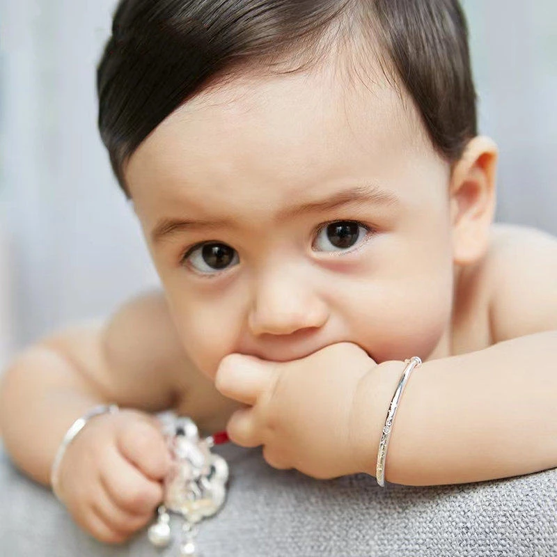 OUYADI Children 999 Sterling Silver Bangle, Pull Push Adjustable Baby Bracelet with Bell Pendant Gift