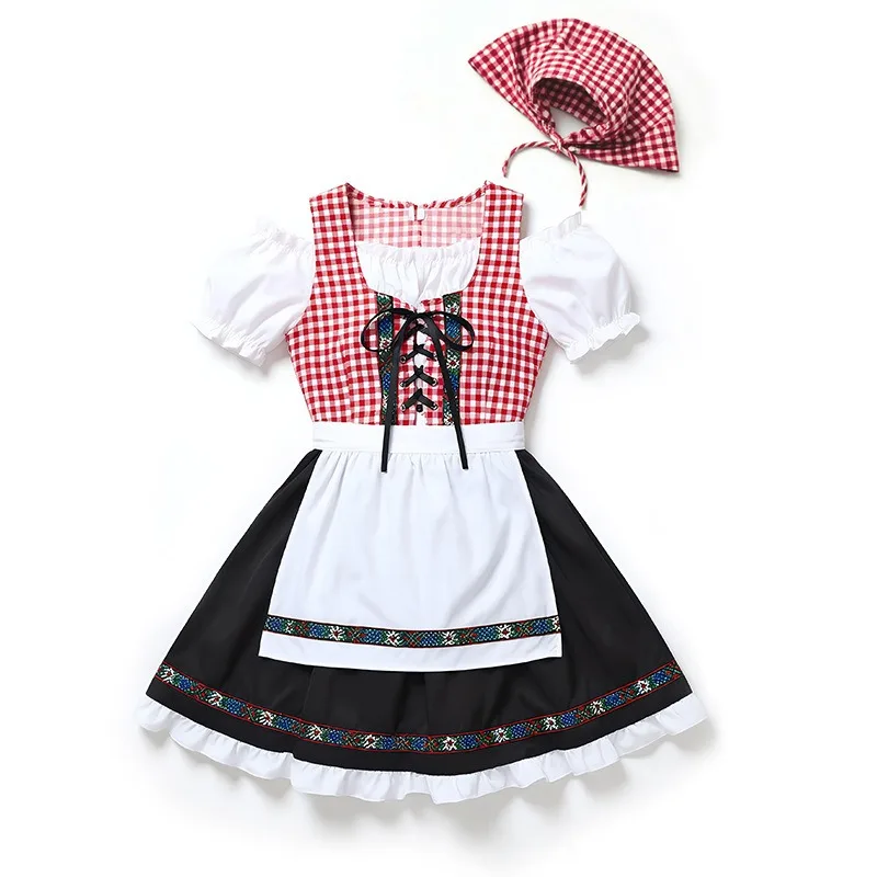 German Bavarian Dirndl Costume For Women Off Shoulder Square Neck Plaid Dress Beer Party Halloween Cosplay Outfit 4 Colors view 6