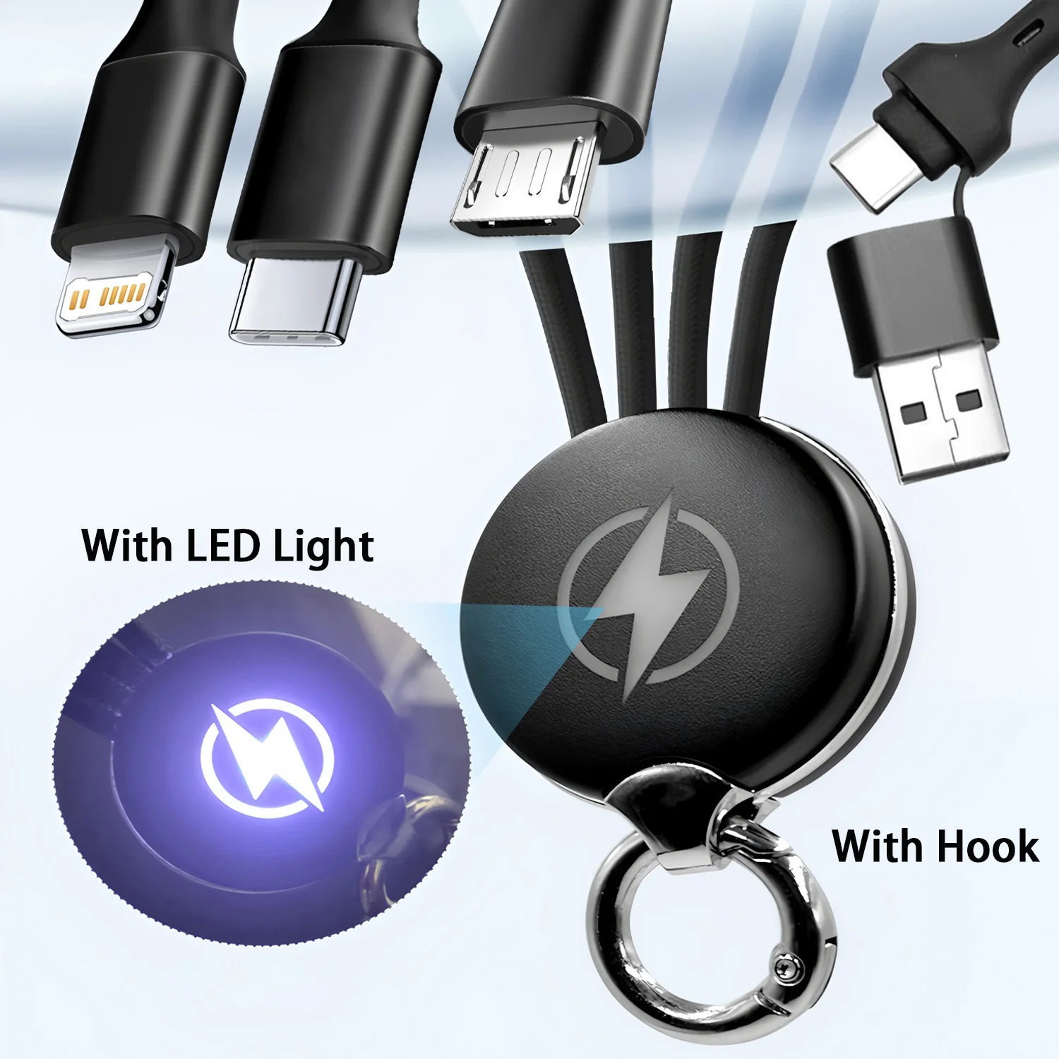 4-in-1 USB Cable Keychain Portable LED Charger Cable, Fast Charging Multi Cable for iPhone 14/12, Xiaomi & Huawei