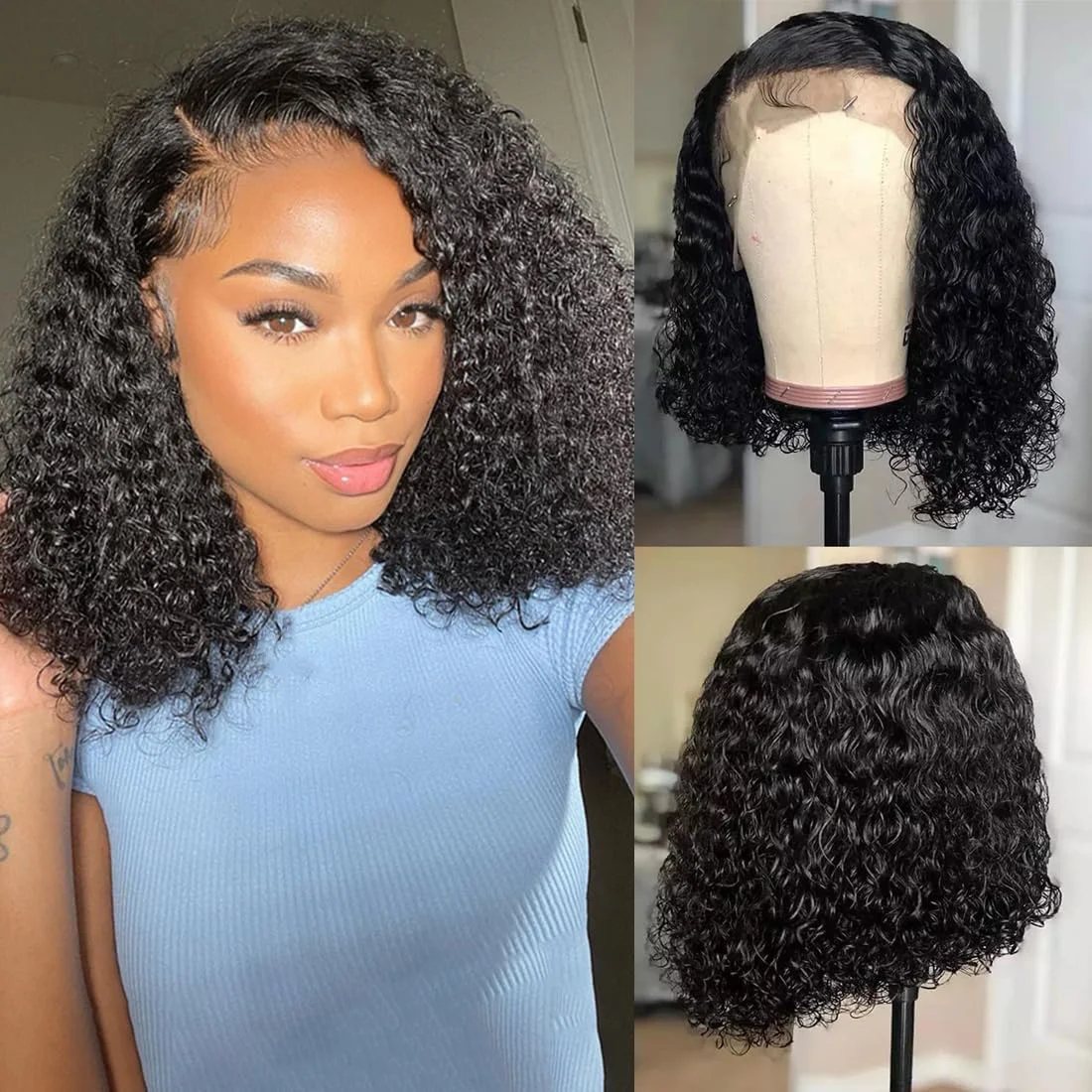 

13x4 Полные фронтальные кружевные человеческие волосы Предварительно выщипанные парики Натуральный цвет Короткие вьющиеся боб HD Прозрачные волосы Remy 200 Плотность 8-14 дюймов