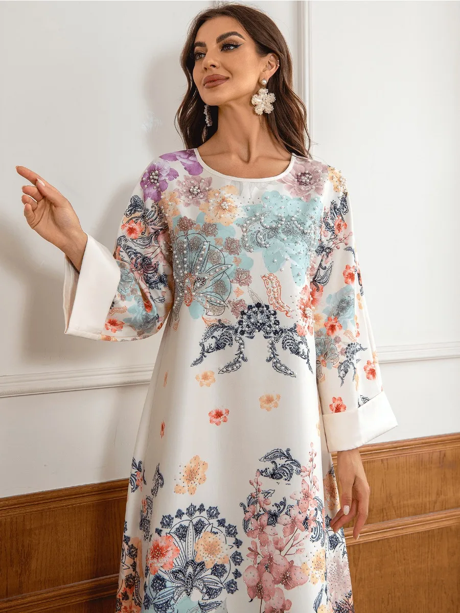 Eid Muslim Party Dress for Women Floral Print Beading Long Dresses Ramadan Abaya Kaftan Vestidos Largos Dubai Robe Jalabiya 2024