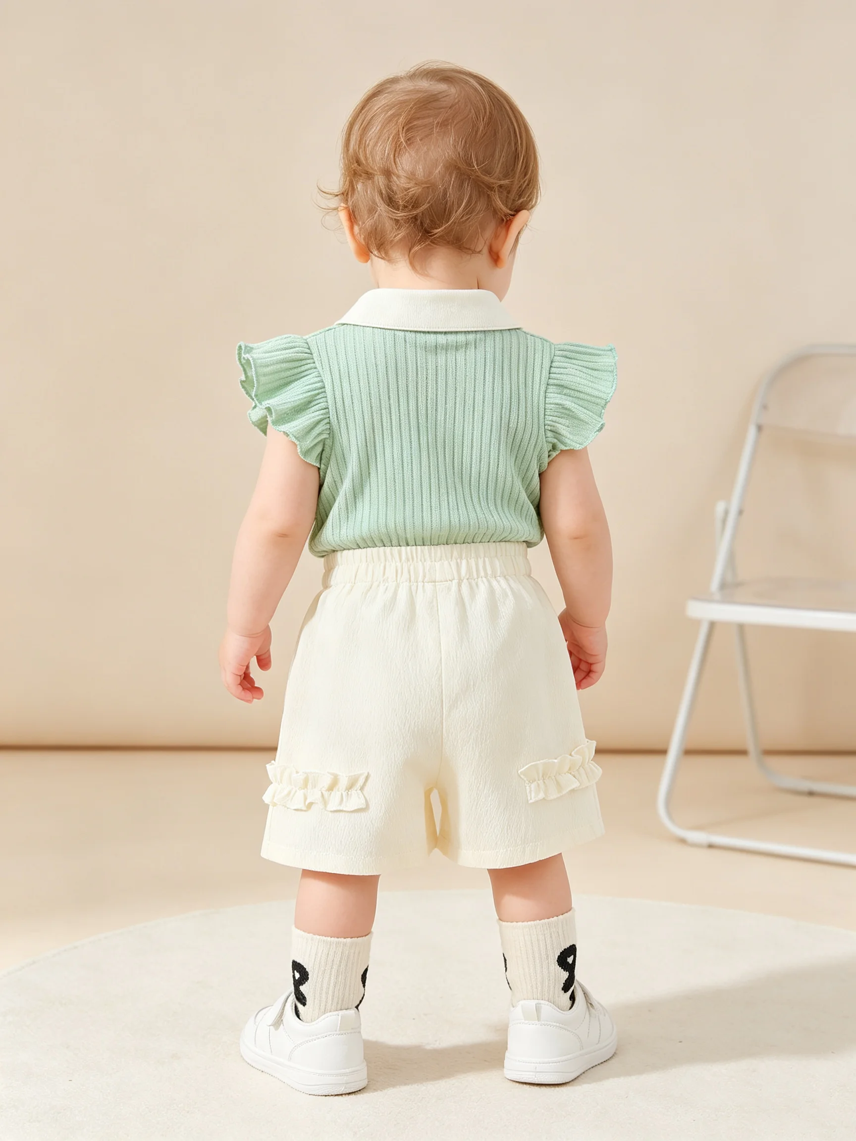 Girls Summer Polo Two-Piece Set Color Block Collar Short Sleeve Top + Pleated Shorts Outfit for Baby Girls