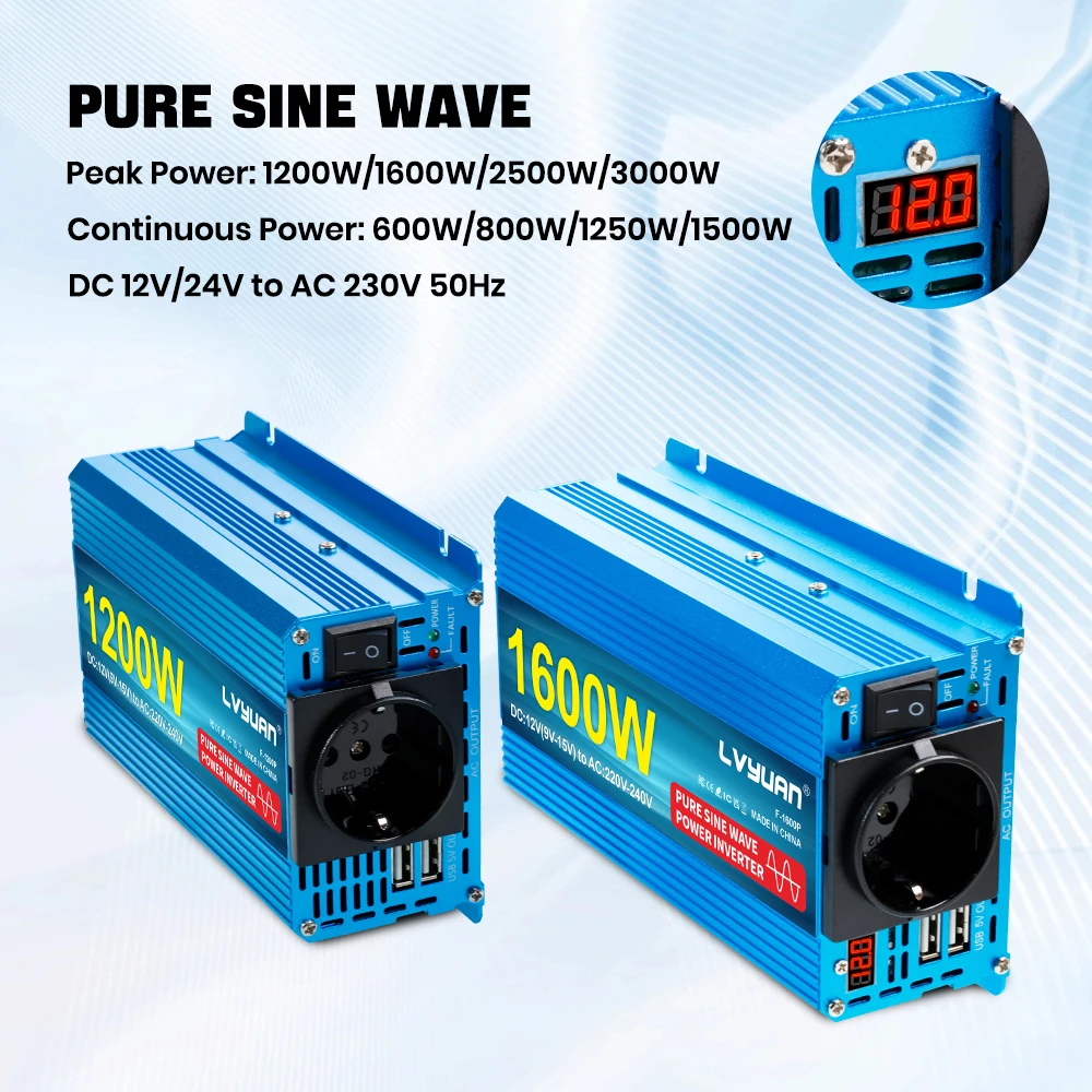 Pure Sine Wave Inverter 1200W-3000W DC 12V  to AC 220V 50hz Power Inverter Charger Adapter EU Socket
