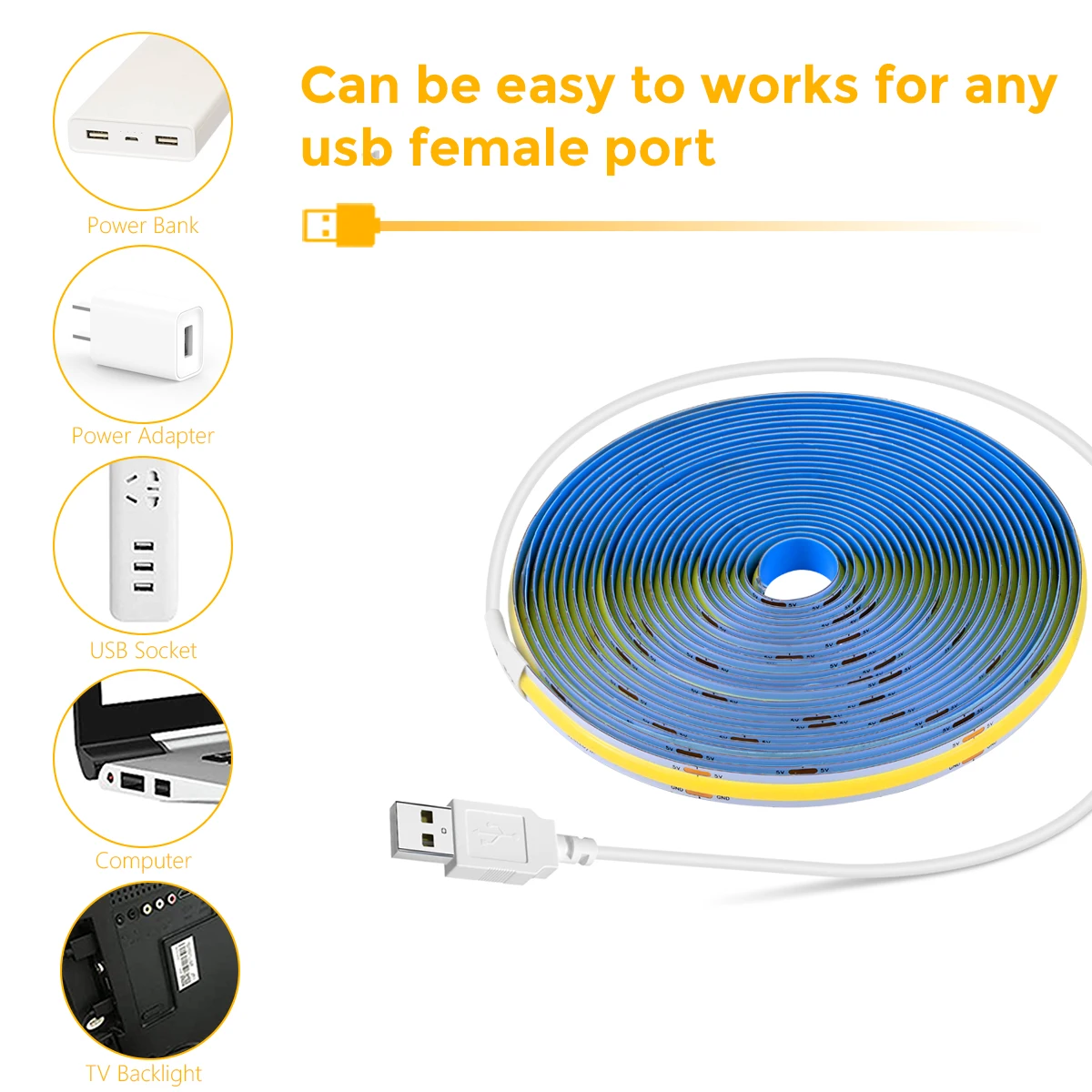 USB COB LED Strip Light para quarto, Super Bright Light, Decoração de parede, Push Switch, DIY, Armário de cozinha Backlamp, 1 m-5m, 5V