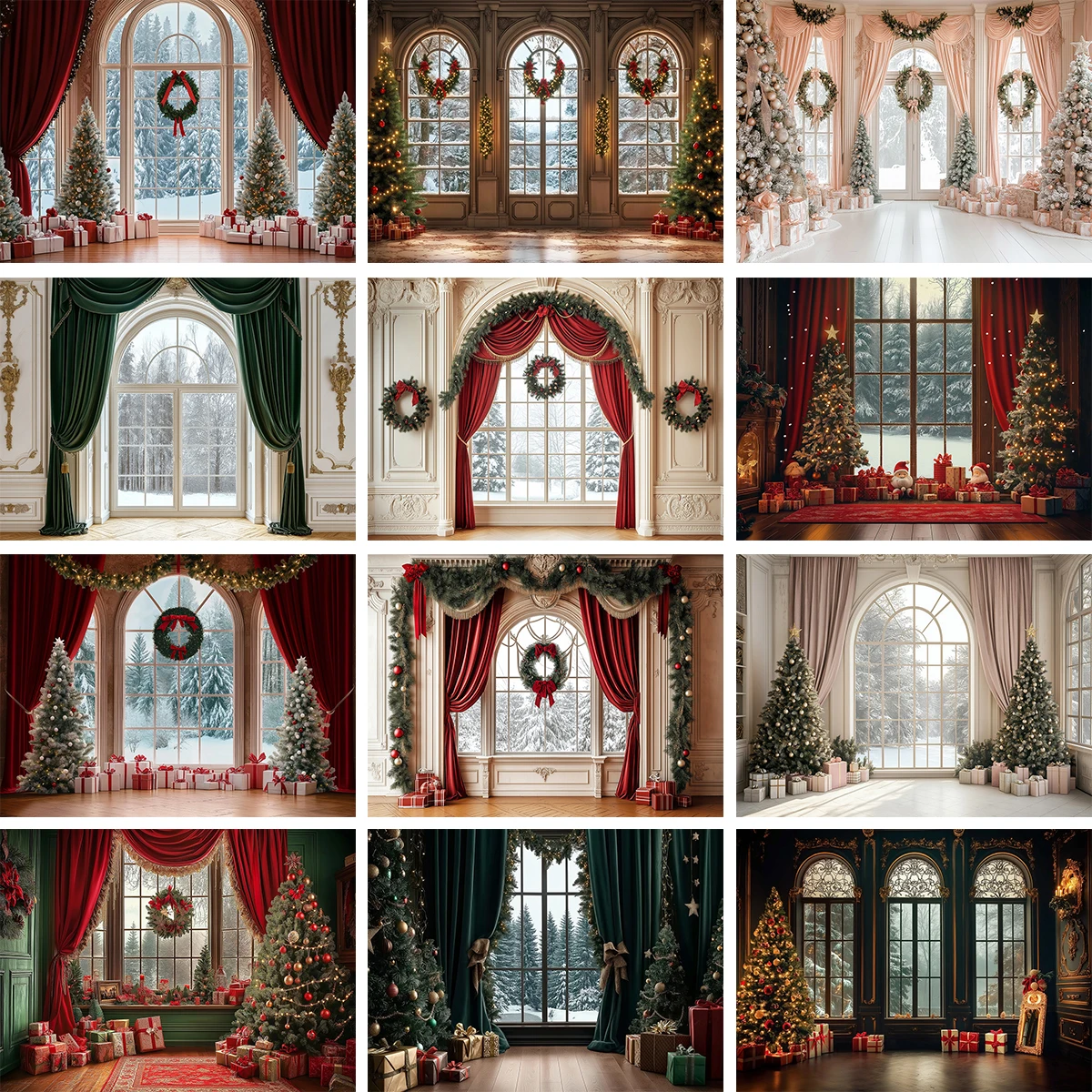 

Элегантный рождественский фон с большим окном, детский торт, реквизит для фотосъемки на день рождения, студийный декор