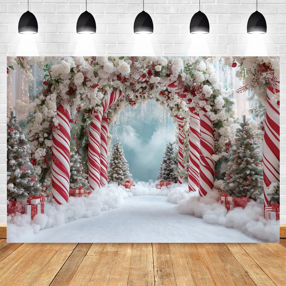 Christmas Decorations Photography Backdrops Candy Cane Arch Xmas Tree Snow Gift Kids Family Holiday Portrait Photo Backgrounds