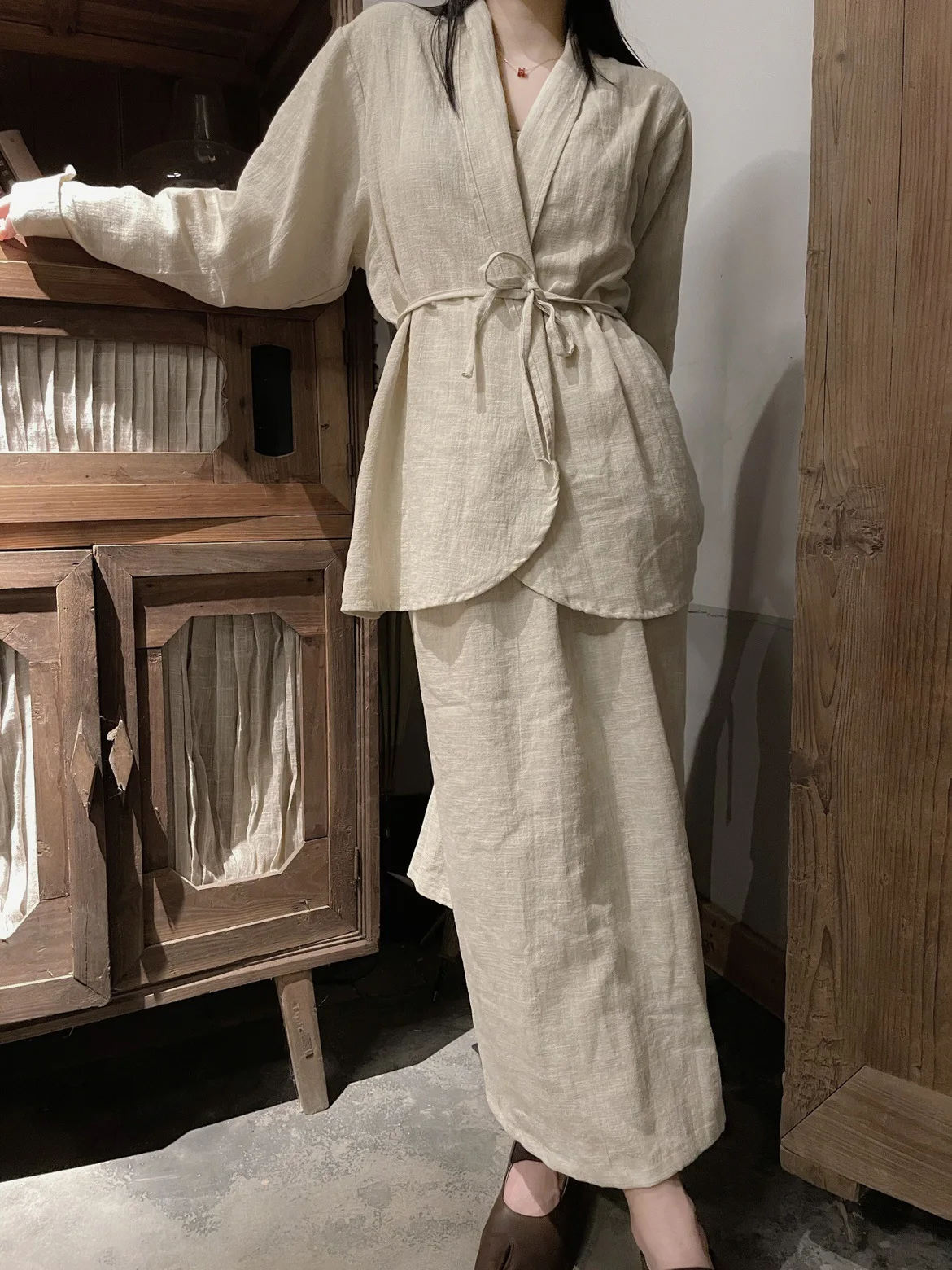 New Chinese Style Women's Clothing Settsui Zen Style Cold Tone National Trend Loose Fit Long Sleeve V-Neck Cotton Kimono