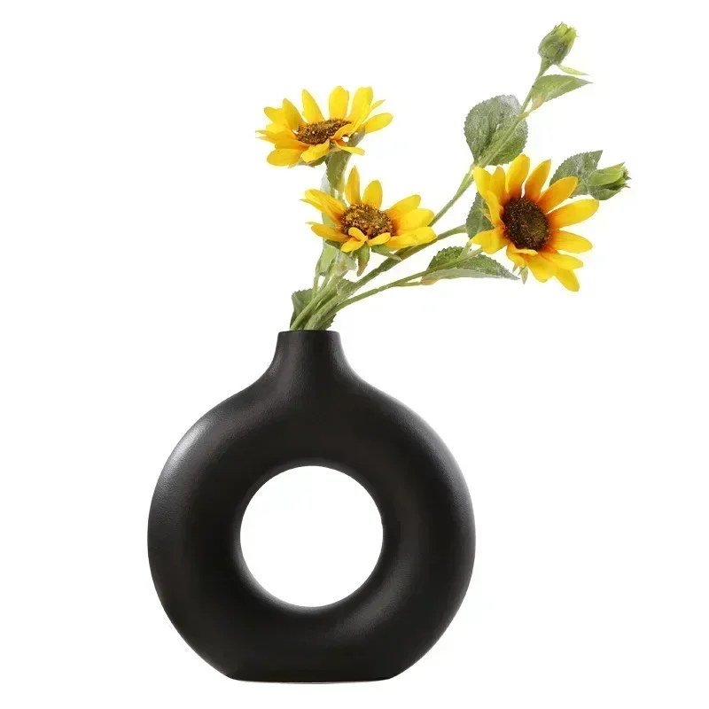 Nordic Vase Circular Hollow Ceramic Flower Vase for Home Living Room Decoration Accessories Interior Office Desktop Decor Gift