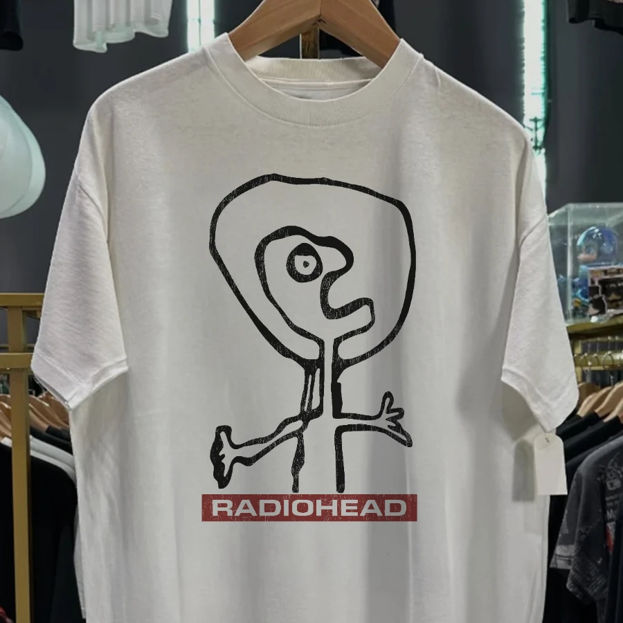 90S Radiohead Promo Washed White Tee Unisex Fit Y2K Style Underground Print Loose Fit Retro Grunge Style