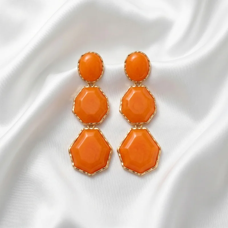 Vibrant Orange Geometric Drop Earrings Gold Color Trim Statement Dangle Earrings Retro Style For Women Everyday Wear & Parties