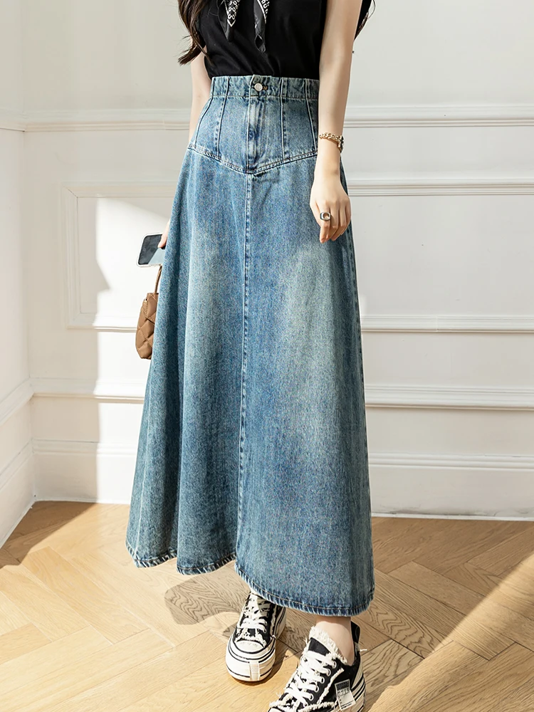 Vintage High Waist Long Denim Skirt Women Casual Fashion Jeans Skirt Zipper Maxi Denim Skirts Autumn Winter 2024 New Blue Skirts