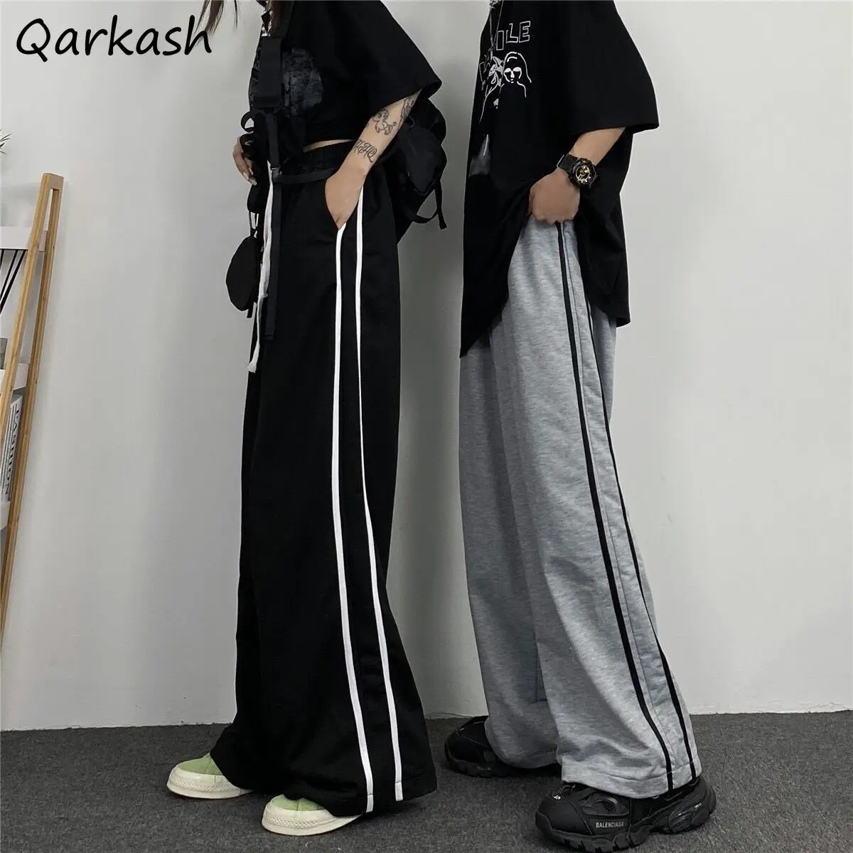 

Straight Pants Women Simple Loose Leisure Side Striped All-match Students Streetwear Korean Style Ulzzang BF Black Gray Casual