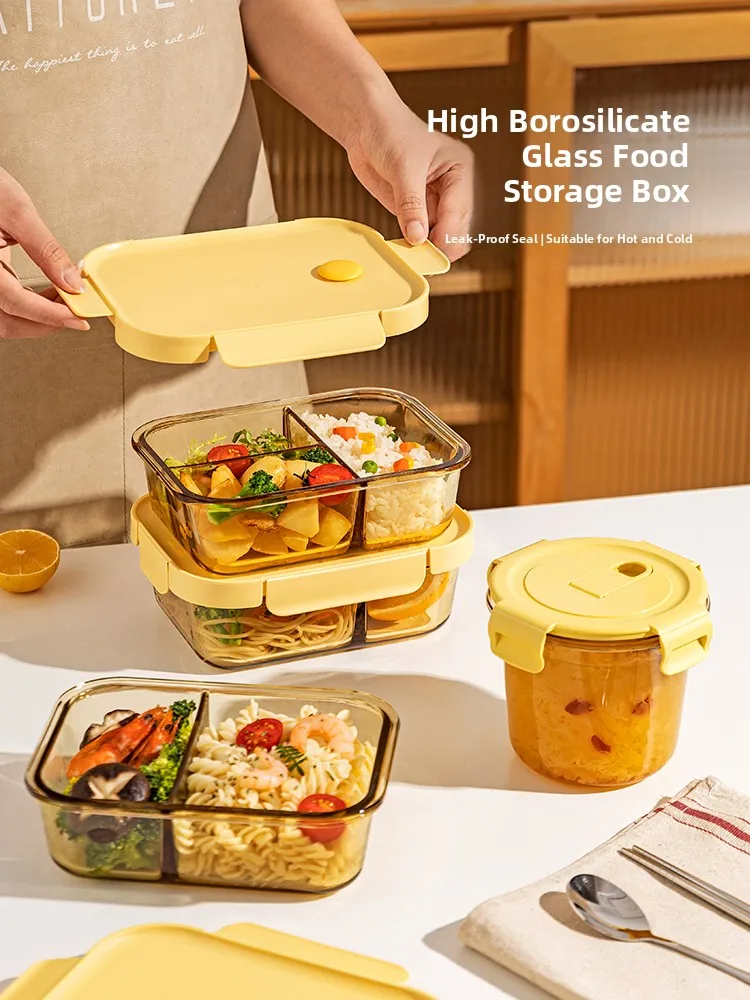 Modern Housewife Glass Lunch Box Microwave Safe Heating Partition Freshness Box Office Worker Bento Box with Rice Meal Box