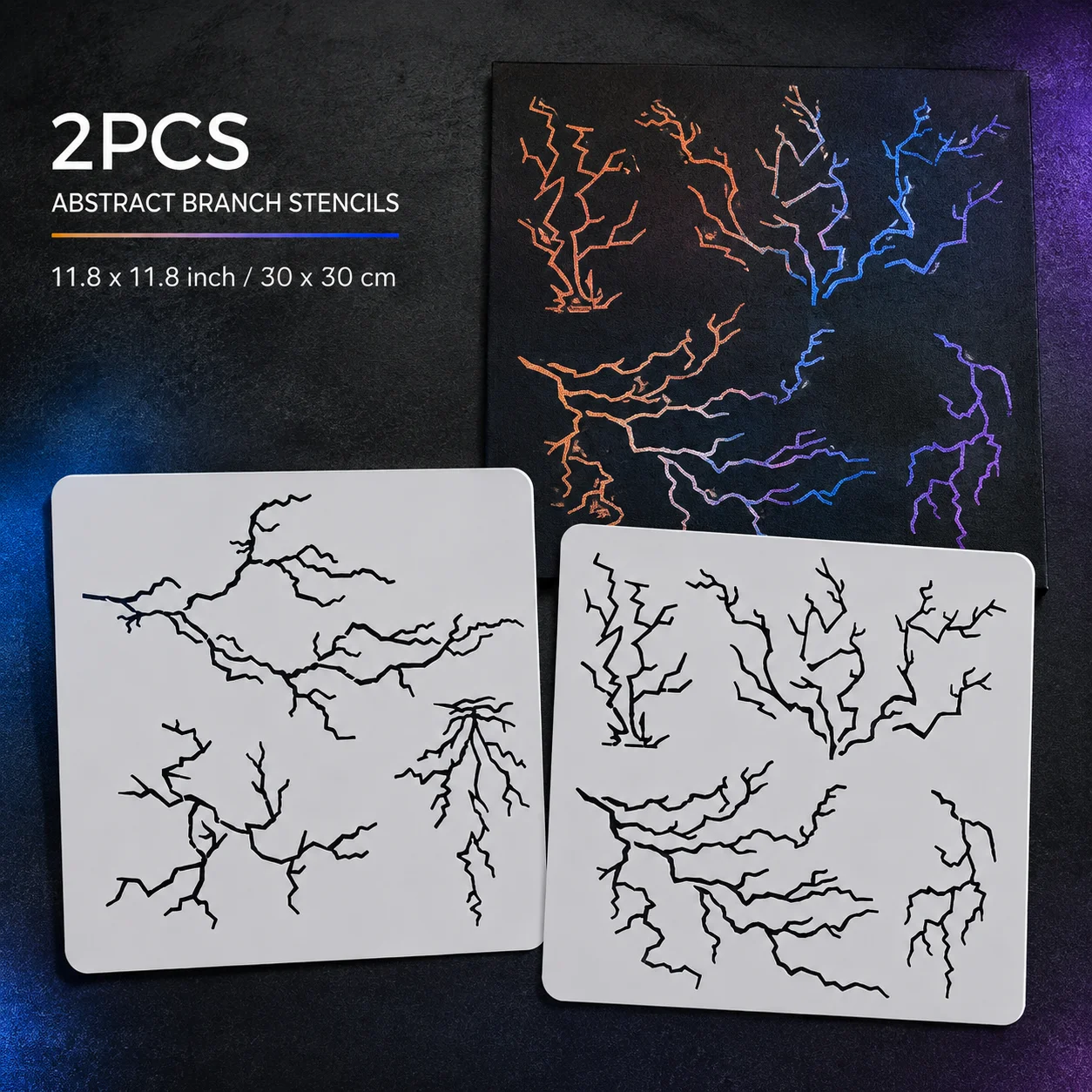 2PCS 11.8 x 11.8 Inch Abstract Tree Branch Stencils Lightning Crack Painting Templates for Wall Canvas Wood Fabric DIY Decor
