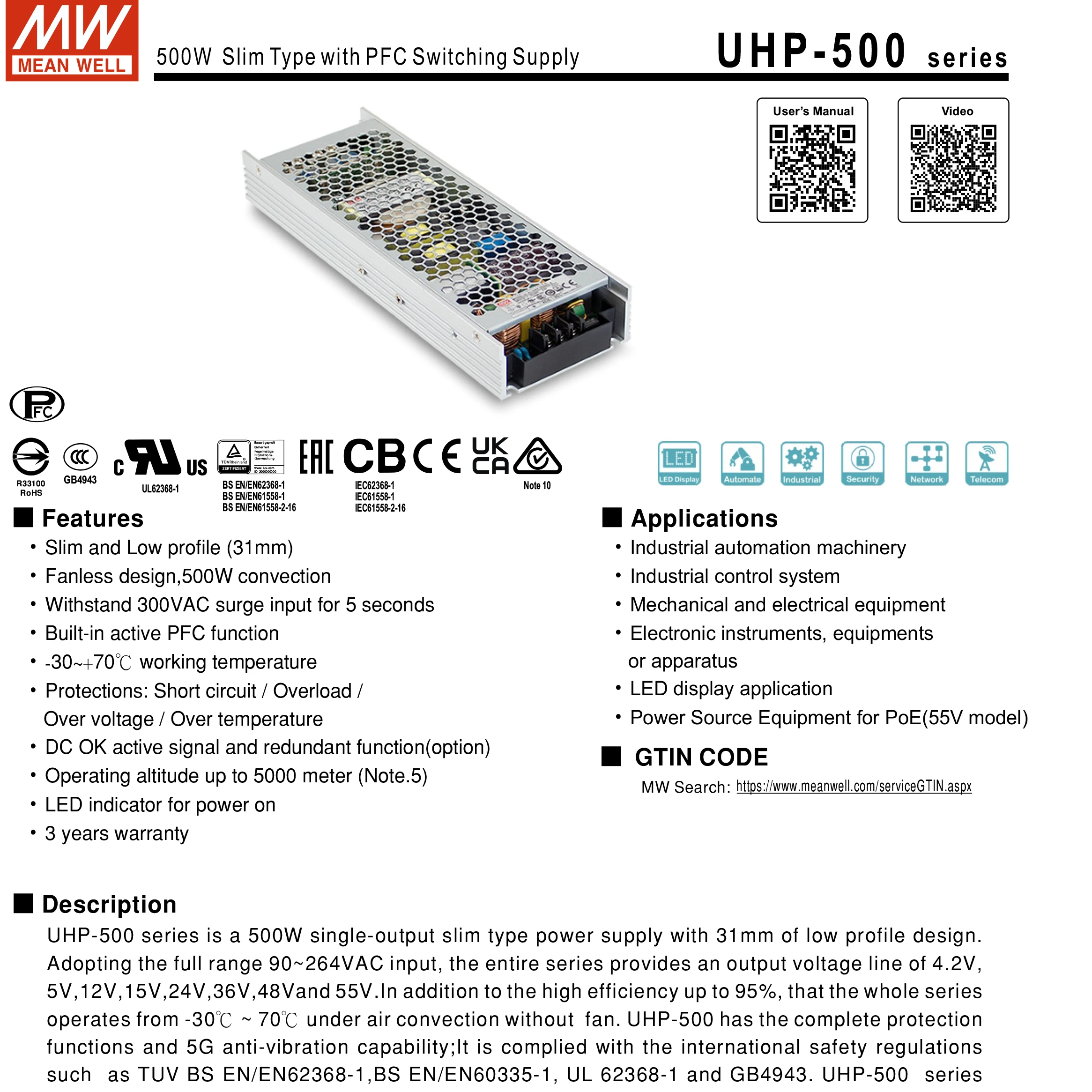 Imagem -05 - Driver Mean Well-led Uhp500 12v 15v 24v 36v 48v 500w tipo Slim dc Switching Power Supply Pfc Meanwell